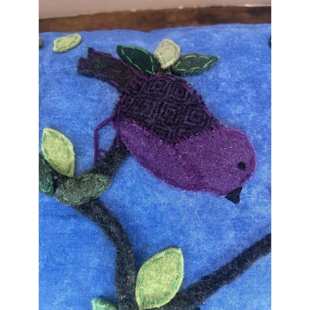 Handmade Blue Bird Pillow Cover Folk Art Throw Cushion 17x17 Removable Case